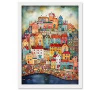 Artery8 Home By The Sea Folk Art Artwork Framed Wall Art Print A4