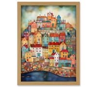 Artery8 Home By The Sea Folk Art Artwork Framed Wall Art Print A4 in Light Oak Artery8 Light Oak