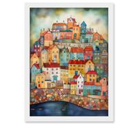 Artery8 Home By The Sea Folk Art Artwork Framed Wall Art Print A4 in White Artery8 White
