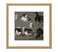 Artery8 Hondecoeter Seven Chicks Birds Painting 8X8 Inch Square Wooden Framed Wall Art Print Picture with Mount in Light Oak Artery8 Light Oak