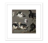 Artery8 Hondecoeter Seven Chicks Birds Painting 8X8 Inch Square Wooden Framed Wall Art Print Picture with Mount in White Artery8 White