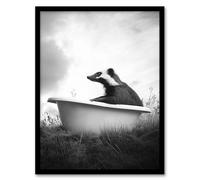 Artery8 Honey Badger in Bathtub Black White Surreal Living Room Artwork Framed Wall Art Print A4