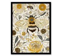 Artery8 Honey Bee Flowers Bright Stylised Floral Design Living Room Art Print Framed Poster Wall Decor 12x16 inch