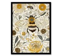 Honey Bee Flowers Bright Stylised Floral Design Framed Art Print Artery8 Yellow A4