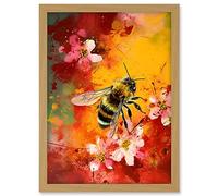 Artery8 Honey Bee on Abstract Flower Bed Oil Painting Artwork Framed A3 Wall Art Print