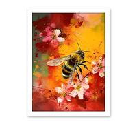 Artery8 Honey Bee on Abstract Flower Bed Oil Painting Artwork Framed Wall Art Print 18X24 Inch