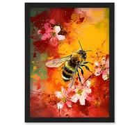 Artery8 Honey Bee on Abstract Flower Bed Oil Painting Artwork Framed Wall Art Print A4