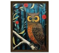 Artery8 Horned Owl on Blue Artwork Autumn Tones Detailed Oil Painting Hoot Artwork Framed A3 Wall Art Print