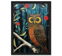 Wall Art Print Horned Owl on Blue Artwork Autumn Tones Detailed Oil Painting Hoot Artwork Framed A4 Artery8 Black A4