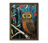 Artery8 Horned Owl on Blue Artwork Autumn Tones Detailed Oil Painting Hoot Artwork Framed Wall Art Print 18X24 Inch