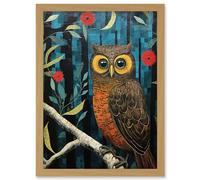 Wall Art Print Horned Owl on Blue Artwork Autumn Tones Detailed Oil Painting Hoot Artwork Framed A4 Artery8 Light Oak A4