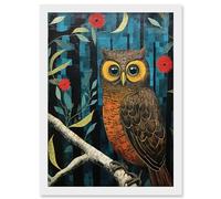 Wall Art Print Horned Owl on Blue Artwork Autumn Tones Detailed Oil Painting Hoot Artwork Framed A4 Artery8 White A4