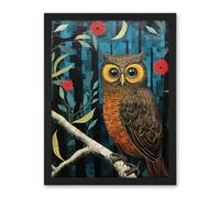 Artery8 Horned Owl on Blue Artwork Autumn Tones Detailed Oil Painting Hoot Artwork Framed Wall Art Print 18X24 Inch