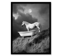 Artery8 Horse Bathtub Full Moon Cliff Surreal Black White Framed Art Print in Grey | Size: W12" x H16" Artery8 Grey W12" x H16"