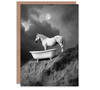 Artery8 Greeting Card Horse Bathtub Full Moon Cliff Surreal Black White Blank For Him Or Her Art Birthday Card