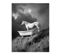 Artery8 Horse Bathtub Full Moon Cliff Surreal Black White Living Room Large Wall Art Poster Print Thick Paper 18X24 Inch
