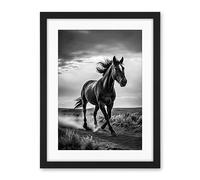 Artery8 Horse Galloping Desert Landscape Black and White Artwork Framed Wall Art Print 18X24 Inch