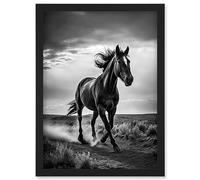 Artery8 Horse Galloping Desert Landscape Black and White Artwork Framed Wall Art Print A4