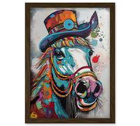 Artery8 Horse Hippie in Multicoloured Bridles and Top Hat Artwork Framed Wall Art Print A4