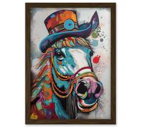 Artery8 Horse Hippie in Multicoloured Bridles and Top Hat Artwork Framed Wall Art Print A4