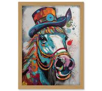 Horse Hippie in Multicoloured Bridles and Top Hat Artwork Framed Wall Art Print A4 Artery8 Light Oak One Size