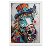 Artery8 Horse Hippie in Multicoloured Bridles and Top Hat Artwork Framed Wall Art Print A4
