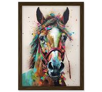 Artery8 Horse Multicoloured Spray Paint and Oil Painting Artwork Framed A3 Wall Art Print