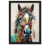 Artery8 Horse Multicoloured Spray Paint and Oil Painting Artwork Framed A3 Wall Art Print
