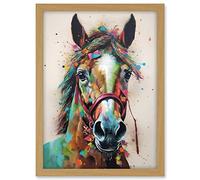 Artery8 Horse Multicoloured Spray Paint and Oil Painting Artwork Framed A3 Wall Art Print