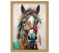 Artery8 Horse Multicoloured Spray Paint & Oil Painting Artwork Framed Wall Art Print A4 in Light Oak Artery8 Light Oak