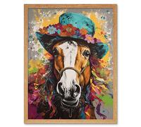Wall Art Print Horse Wearing a Flower Summer Hat Multicoloured Art Framed Artery8 Light Oak W12 inch x H16 inch