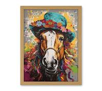 Artery8 Horse Wearing a Flower Summer Hat Multicoloured Artwork Framed Wall Art Print 18X24 Inch