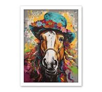 Artery8 Horse Wearing a Flower Summer Hat Multicoloured Artwork Framed Wall Art Print 18X24 Inch