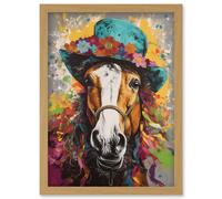 Artery8 Horse Wearing a Flower Summer Hat Multicoloured Artwork Framed Wall Art Print A4 in Light Oak Artery8 Light Oak