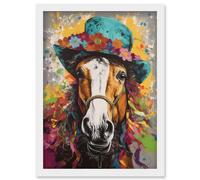 Artery8 Horse Wearing a Flower Summer Hat Multicoloured Artwork Framed Wall Art Print A4