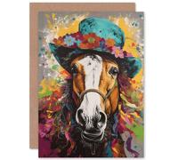 Horse Wearing a Flower Summer Hat Multicoloured Funny Animals Birthday Sealed Greeting Card Plus Envelope Blank inside