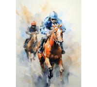 Artery8 Horseracing Jockeys Racing Horses Action Watercolour Kentucky Derby Grand National Cheltenham Gold Cup Painting Blue Orange Race Sport Artwork Art Print Canvas Premium Wall Decor Poster Mural