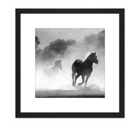 Artery8 Horses Running Mist Black White 8X8 Inch Square Wooden Framed Wall Art Print Picture with Mount Artery8 Black