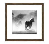 Artery8 Horses Running Mist Black White 8X8 Inch Square Wooden Framed Wall Art Print Picture with Mount in Brown Artery8 Brown