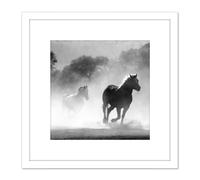 Artery8 Horses Running Mist Black White 8X8 Inch Square Wooden Framed Wall Art Print Picture with Mount Artery8 White