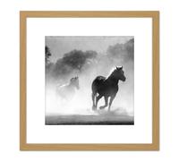 Artery8 Horses Running Mist Black White 8X8 Inch Square Wooden Framed Wall Art Print Picture with Mount in Light Oak Artery8 Light Oak