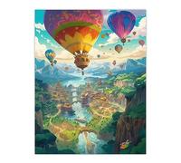Artery8 Hot Air Balloon Festival Vibrant Painting Colourful Aircrafts Flying over Kingdom in River Mountain Landscape Extra Large XL Wall Art Poster Print