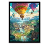 Artery8 Hot Air Balloon Festival Vibrant Painting Colourful Aircrafts Flying over Kingdom in River Mountain Landscape Artwork Framed Wall Art Print A4