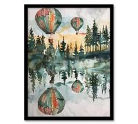 Artery8 Hot Air Balloons Forest Lake Watercolour Painting Framed Wall Art in Green | Size: W12" x H16" Artery8 Green W12" x H16"