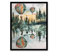 Artery8 Hot Air Balloons Forest Lake Watercolour Painting Living Room Artwork Framed Wall Art Print A4