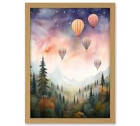 Artery8 Hot Air Balloons Over Misty Forest Landscape Watercolour Painting Orange Green Purple Dreamy Dusk Sky Stars Kids Bedroom Artwork Framed A3 Wall Art Print