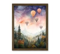Artery8 Hot Air Balloons Over Misty Forest Landscape Watercolour Painting Orange Green Purple Dreamy Dusk Sky Stars Kids Bedroom Artwork Framed Wall Art Print 18X24 Inch