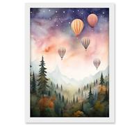 Artery8 Hot Air Balloons Over Misty Forest Landscape Watercolour Painting Orange Green Purple Dreamy Dusk Sky Stars Kids Bedroom Artwork Framed A3 Wall Art Print