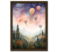 Artery8 Hot Air Balloons Over Misty Forest Landscape Watercolour Painting Orange Green Purple Dreamy Dusk Sky Stars Kids Bedroom Artwork Framed A3 Wall Art Print