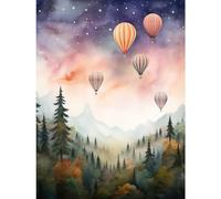 Artery8 Hot Air Balloons Over Misty Forest Landscape Watercolour Painting Orange Green Purple Dreamy Dusk Sky Stars Kids Bedroom Large Wall Art Poster Print Thick Paper 18X24 Inch